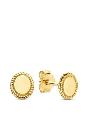 Setje kleine ronde gouden oorknopjes met een glad midden en een getextureerde gedraaide koordrand, vlindersluiting.