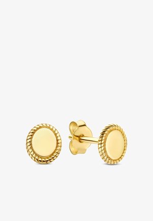 Setje kleine ronde gouden oorknopjes met een glad midden en een getextureerde gedraaide koordrand, vlindersluiting.