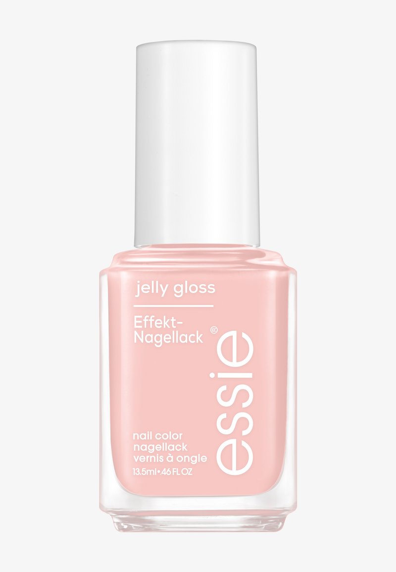 Vernis à ongles Essie Jelly Gloss dans une teinte rose pâle, bouteille en verre carrée avec un capuchon blanc, comporte un texte de marque en blanc sur l'étiquette avant.