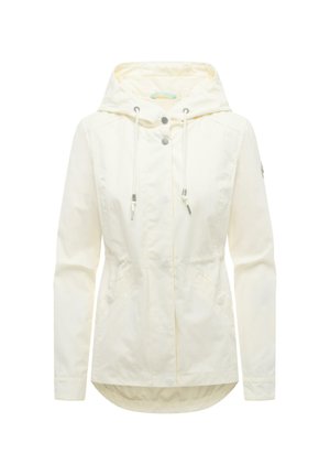 Veste à capuche couleur crème avec cordons de serrage, boutons-pression frontaux, poches latérales et manches longues, conçue pour une coupe décontractée.