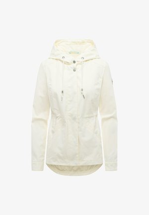 Giacca con cappuccio color crema con cordini, bottoni a pressione frontali, tasche laterali e maniche lunghe, progettata per una vestibilità comoda.