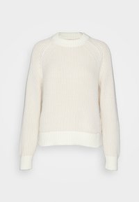 Sweter z prążkowanego materiału w kolorze kremowym, z długimi rękawami, okrągłym dekoltem oraz dopasowanym pasem i mankietami, na jednolitym białym tle.