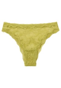 Lace string ondergoed in lichtgroen. Voorzien van geschulpte randen en bloemenpatronen. Gemaakt van een transparant, zacht kantmateriaal.