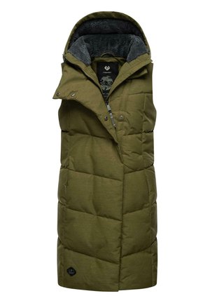 Olive green puffer vest with a high collar and grey fleece lining. Features quilted texture, front zipper, and snap buttons for closure.