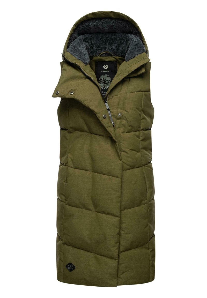 Olive green puffer vest with a high collar and grey fleece lining. Features quilted texture, front zipper, and snap buttons for closure.