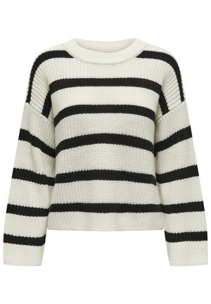 Strickpullover mit Rundhalsausschnitt, der abwechselnd schwarze und cremefarbene horizontale Streifen aufweist. Texturierter Stoff mit langen Ärmeln und lässiger Passform.