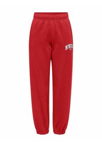 Røde sweatpants med elastisk talje og manchetter. Har "NWR" logo i hvidt på forsiden. Lavet af blødt stof.
