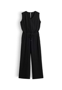 Combinaison noire texturée sans manches avec col en V, taille cintrée avec lien ajustable et pantalon large.