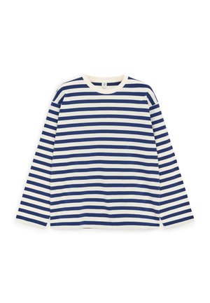 Camicia a maniche lunghe con righe orizzontali blu navy e bianche, scollo rotondo, stesa su uno sfondo bianco.