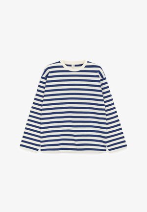 Camicia a maniche lunghe con righe orizzontali blu navy e bianche, scollo rotondo, stesa su uno sfondo bianco.