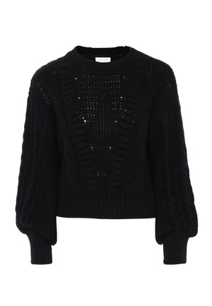 Schwarzer Strickpullover mit tiefem V-Ausschnitt, strukturierten Mustern und Ballonärmeln. Hergestellt aus weichem Material und mit detailliertem Kabelstrick.
