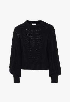 Fekete kötött pulóver mély V-nyakkal, textúrált mintákkal és puffos ujjal. Puha anyagból készült, részletes fonott mintázattal.