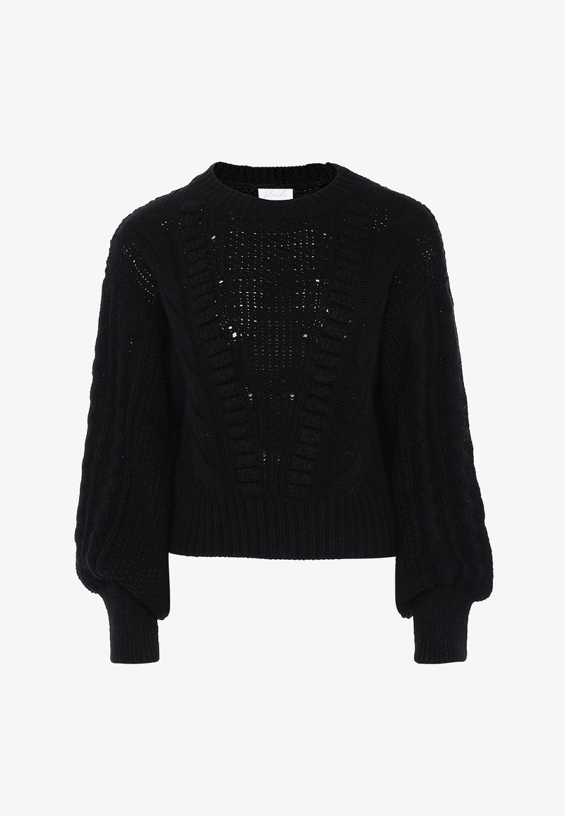 Schwarzer Strickpullover mit tiefem V-Ausschnitt, strukturierten Mustern und Ballonärmeln. Hergestellt aus weichem Material und mit detailliertem Kabelstrick.