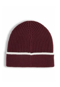Berretto di maglia color bordeaux con una striscia orizzontale bianca. Presenta una texture a coste e una parte superiore arrotondata, progettato per calore e comfort.