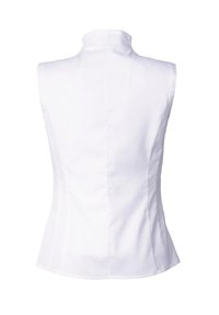 Ärmellose weiße Bluse mit hohem Kragen, taillierter Form und glattem Stoff. Hat einen schlichten Rücken ohne sichtbare Verschlüsse oder Muster.