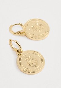 Cercei cu buclă într-o nuanță aurie, prezintă un design circular cu monedă, având un model în relief cu coroană și scut, suprafață netedă și finisaj lucios.