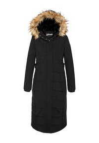 Czarna długa parka z pikowanym wzorem, wyposażona w kaptur wyłożony sztucznym futrem i guziki. Wykonana z wodoodpornego materiału.