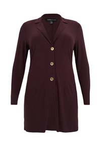 Burgundy long-sleeve blazer with a notched collar, four gold buttons, and side pockets. Made of smooth, stretchy fabric.