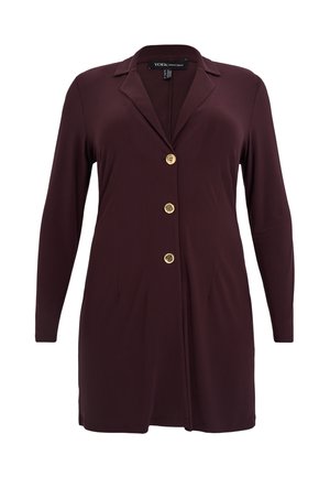 Burgundy long-sleeve blazer with a notched collar, four gold buttons, and side pockets. Made of smooth, stretchy fabric.