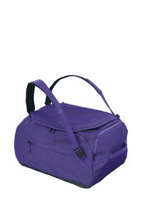 Borsa da viaggio in tessuto viola con forma rettangolare. Presenta tracolle regolabili, scomparti con cerniera e una texture liscia.