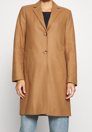 Personne portant un manteau marron camel mi-long avec deux boutons, des poches latérales et un col cranté, sur un jean bleu clair.