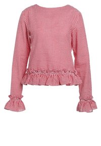 Blouse manches longues en vichy rouge et blanc avec poignets et ourlet à volants, dotée d'un col rond et de détails froncés à la taille et aux manches.