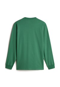 Langärmliges grünes T-Shirt aus weichem Baumwollmaterial, mit Rundhals und lässiger Passform. Glatte Textur ohne sichtbare Muster oder Akzente.