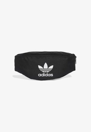 Czarna saszetka adidas z materiału, zapinana na zamek, z białym logo trefoil adidas z przodu. Kompaktowy i zaokrąglony kształt.