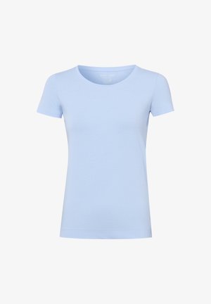 Light blue short-sleeve crew neck T-shirt with a smooth texture and simple, fitted design on a white background.
