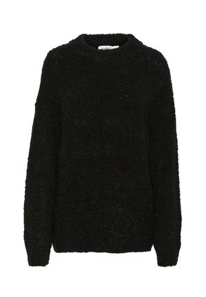Pull noir texturé avec un col rond et des manches longues. Tissu doux et duveteux avec une coupe ample, idéal pour un style décontracté.