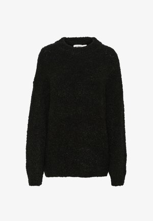 Schwarzer, strukturierter Pullover mit rundem Ausschnitt und langen Ärmeln. Weicher, flauschiger Stoff mit lockerer Passform, geeignet für legere Anlässe.