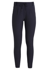 Mörkblå randiga byxor med dragsko i midjan, med två framfickor, smal passform och mjuk tygkvalitet.