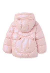 Giacca imbottita per bambini di colore rosa chiaro con cappuccio, caratterizzata da orecchie da orso e un design di faccia d'orso sul retro.