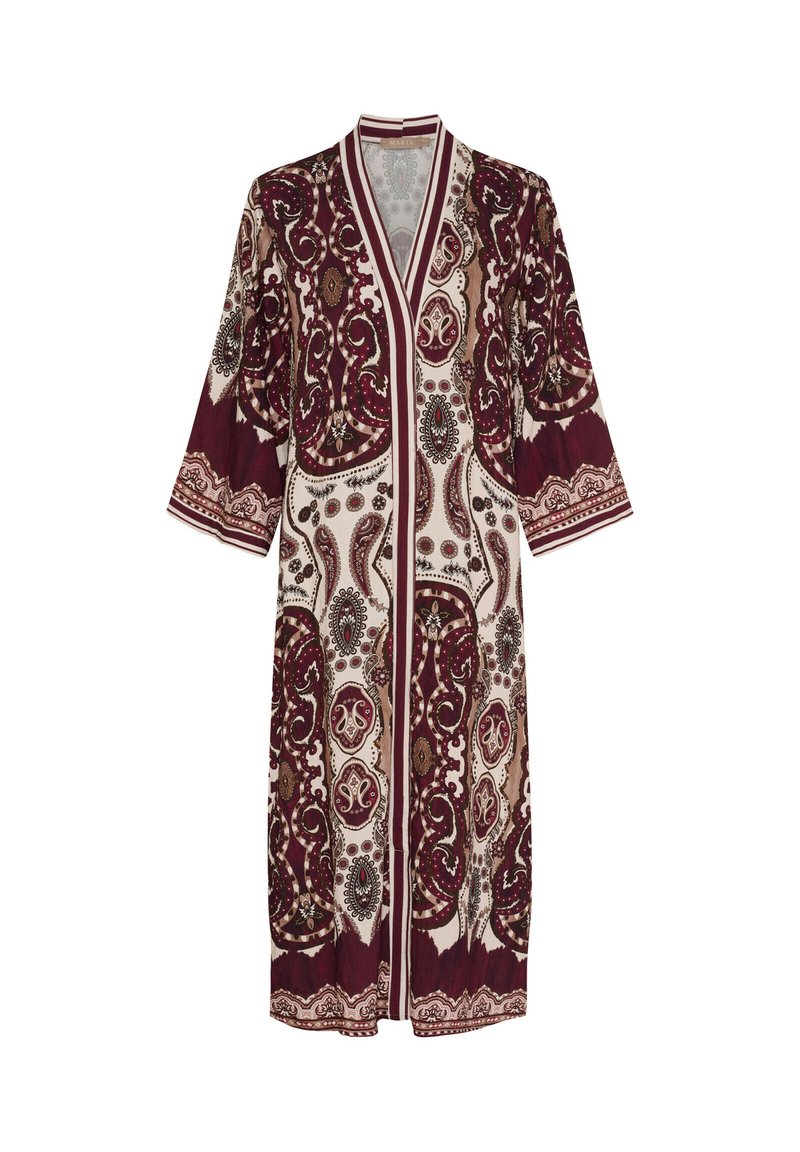 Lång burgundy- och gräddfärgad kimono med paisley- och blommönster, vida ärmar och V-ringning. Lättviktig tyg med en mjuk textur.