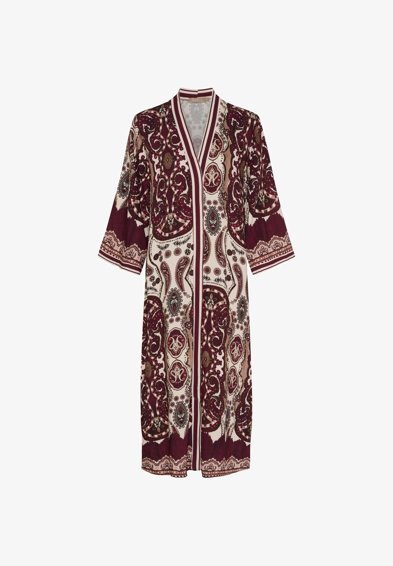 Lång burgundy- och gräddfärgad kimono med paisley- och blommönster, vida ärmar och V-ringning. Lättviktig tyg med en mjuk textur.