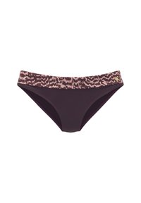 Bas de bikini de couleur unie violet foncé avec une ceinture rose à motifs présentant des designs abstraits. Tissu doux avec une texture lisse.