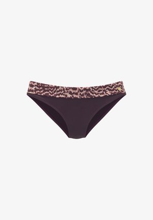 Bikini onderkant met een effen donkere paarse body en een gestructureerde roze tailleband met abstracte ontwerpen. Zacht stof met een gladde textuur.