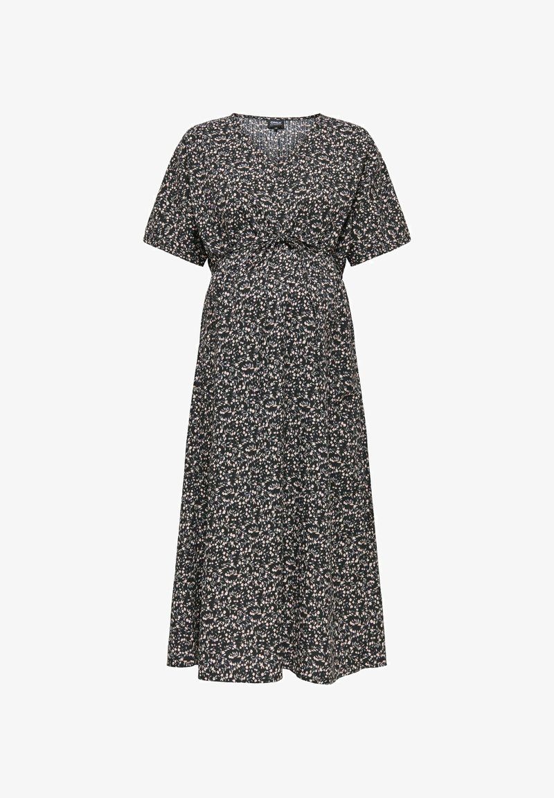 Rochie de maternitate florală neagră, cu mâneci scurte, decolteu în V și talie empire. Fabricată dintr-un material moale cu o siluetă vaporasă.