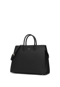 Black leather handbag with a textured finish, double handles, detachable shoulder strap, and gold-tone accent logo. Structured shape.