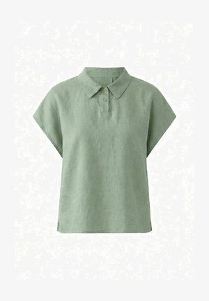 Lichtgroen linnen polo met korte mouwen, twee knopen en een klassieke kraag, afgebeeld op een effen witte achtergrond.