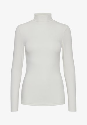 Bela dolga majica s turtleneck ovratnikom, izdelana iz gladkega materiala, s prilegajočo silhueto in minimalnimi šivi za poenostavljen videz.