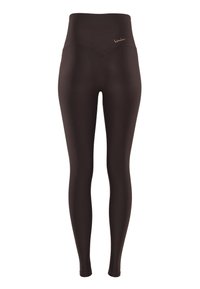 Leggings seamless a vita alta, marroni scuri, con un piccolo logo dorato sull'anca superiore, esposti su uno sfondo bianco semplice.