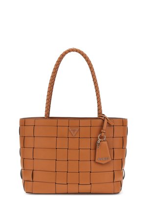 Tan woven leather tote bag with braided handles, flat shape, and a logo tag. Features a textured surface and a keychain accent.
