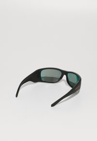 Lunettes de soleil noires avec des verres teintés en vert, fabriquées en plastique. Elles présentent un design élégant avec un logo sur le côté et des branches courbes et flexibles.