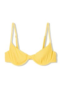 Yellow bikini top with textured fabric, underwire support, adjustable straps, and a closure at the back. Simple, functional design.