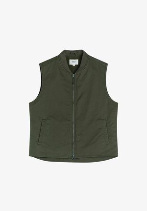 Olivgrön ärmlös väst med en dragkedja framtill, ståkrage och två sidofickor; gjord av lättviktsmaterial med en jämn textur.
