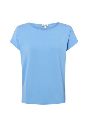 Lichtblauw dames T-shirt met korte mouwen en ronde hals, gemaakt van gladde stof, weergegeven op een witte achtergrond.