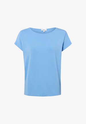 Hellblaues Damen-T-Shirt mit kurzen Ärmeln und rundem Ausschnitt, aus glattem Stoff, auf weißem Hintergrund präsentiert.