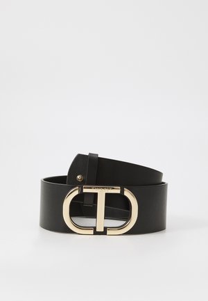 Black leather belt with a wide design, featuring a gold circular buckle with a "T" motif and embossed brand name. Smooth texture.