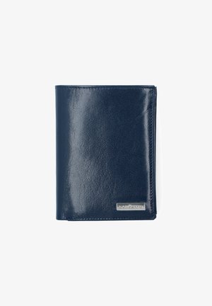 Granatowy skórzany portfel o gładkiej fakturze, w formacie bi-fold, z metalowym akcentem logo na przedzie.